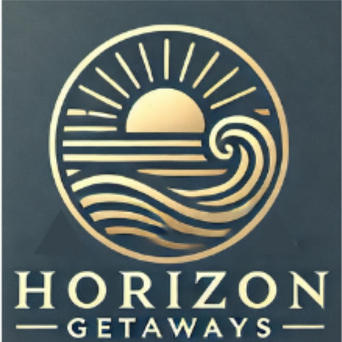 Horizon Getaways travel logo featuring a gold sun and ocean wave emblem on a dark background.