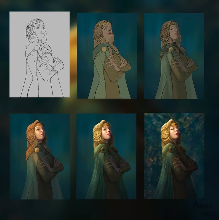 process femme noble medieval vert et jaune, amel hed, character art process, fantasy, celtique