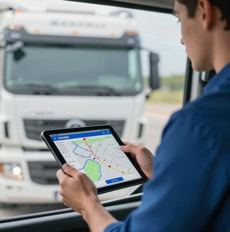 A professional truck driver in a modern, clean cab using a high-tech tablet for route management. Professional lighting, incorporating the brand colors #2D4B6C and #E0E8ED in the environment. High-efficiency logistics atmosphere.