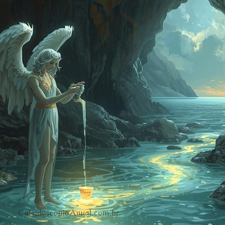 Um anjo alado e andrógino, que lembra a carta da Temperança, permanece sereno no meio de um rio raso