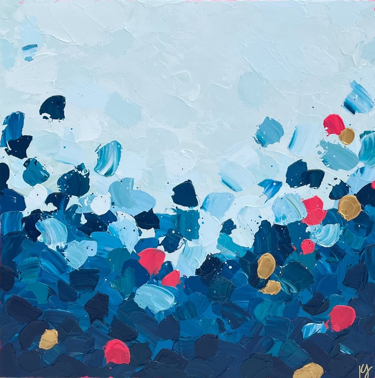 Kate Young abstract painting, size 24x24, blue and gold, Guelph artist
