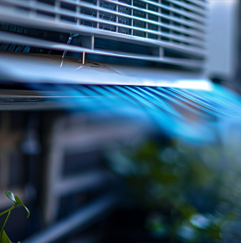 A wall-mounted air conditioner unit blowing cool blue air for energy-efficient indoor climate control.