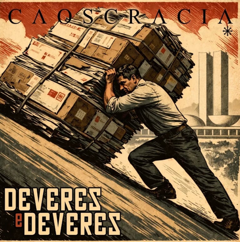 Vintage poster art of a man pushing a heavy stack of boxes uphill with the text Caoscracia and Deveres e Deveres.