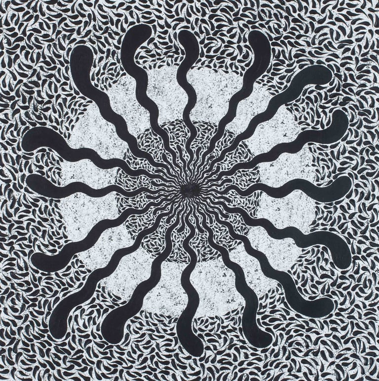Flame-like white spirals in black creating concentric sacred illusion