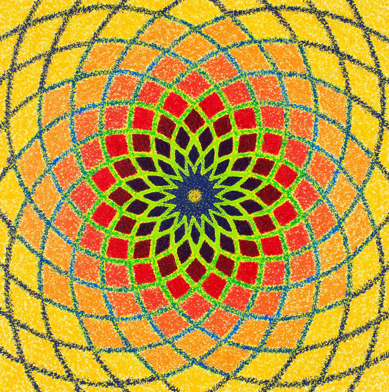 Yellow-to-red Mandala spiral with grid mosaic light field by Adib Haddad