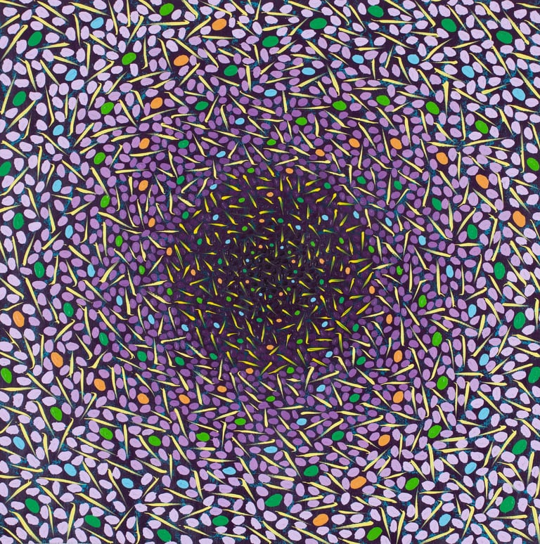 Purple and yellow swirling stripes converging inward in divine harmony by Adib Haddad