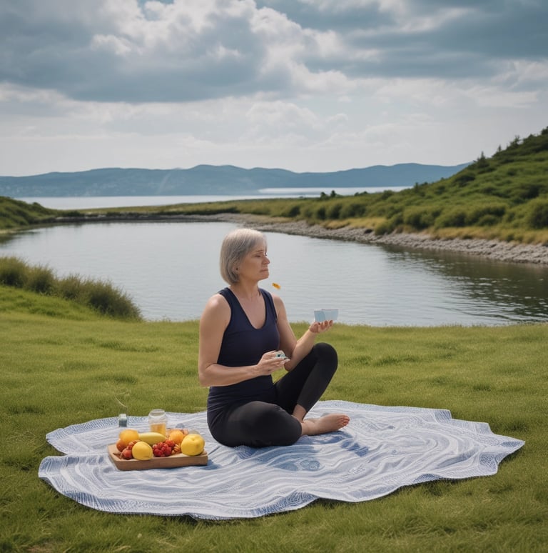 A selection of three colorful trays is filled with a variety of healthy snacks, including orange slices, nuts, seeds, and a measuring tape is artfully draped across them, suggesting themes of dieting or nutrition.
