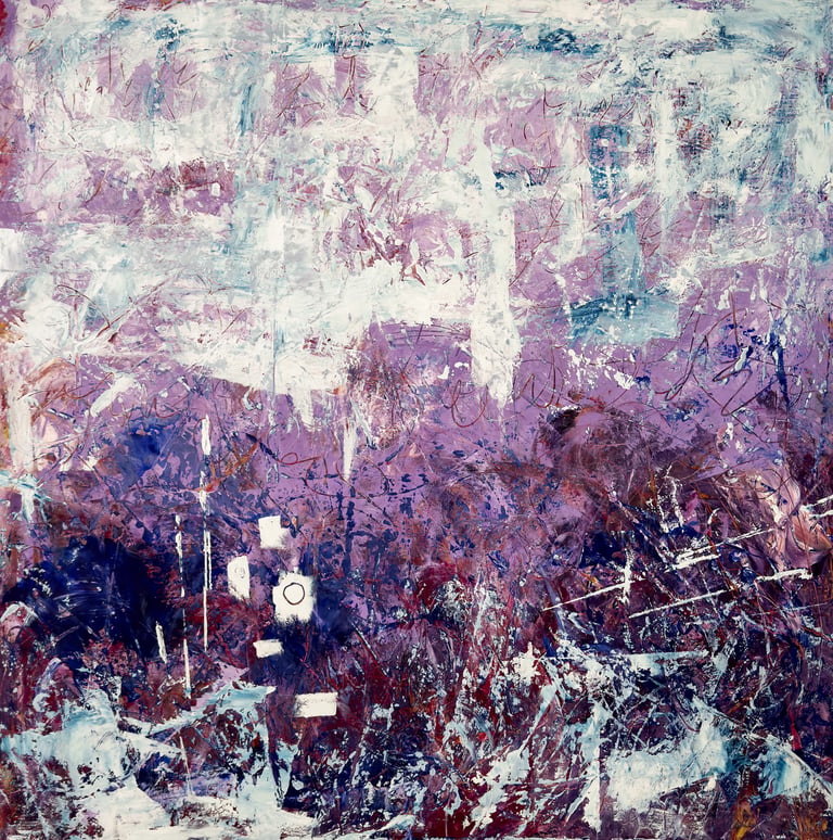 Large abstract expressionist painting featuring textured layers of purple, blue, and white acrylic paint.