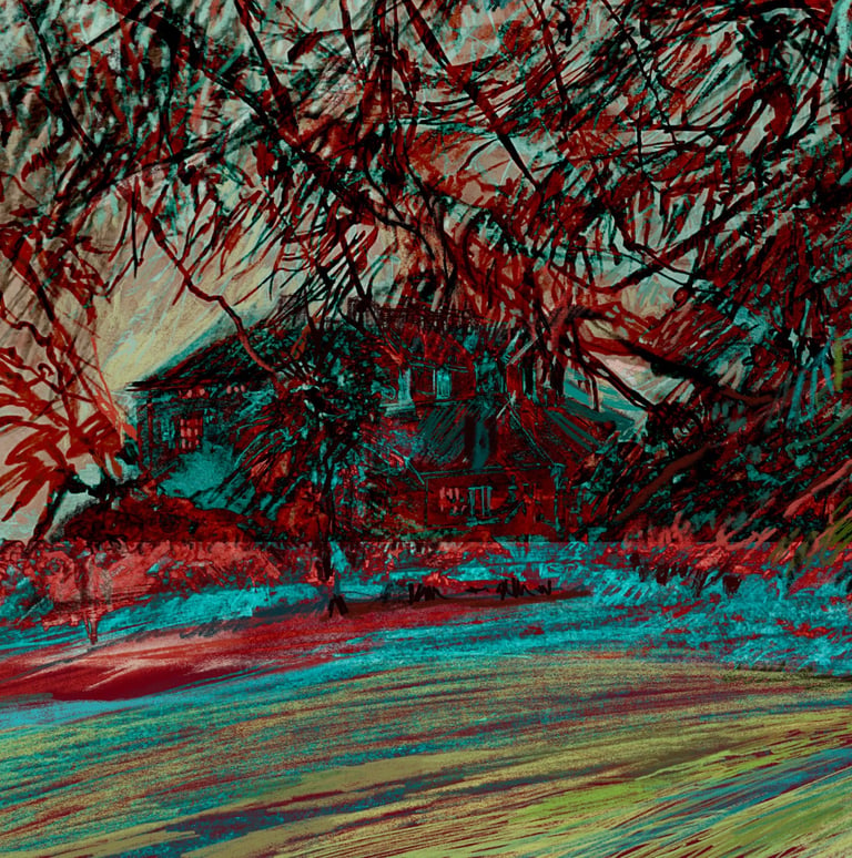Digital collage - Dumfries House through the trees