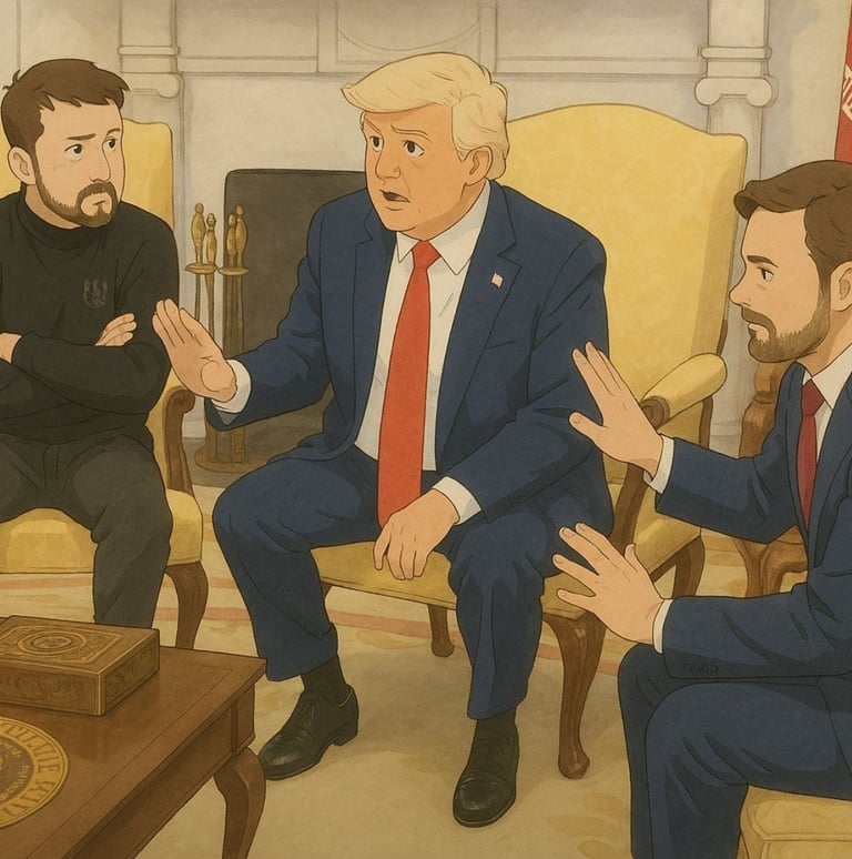 Trump in discussion with others in Ghibli style