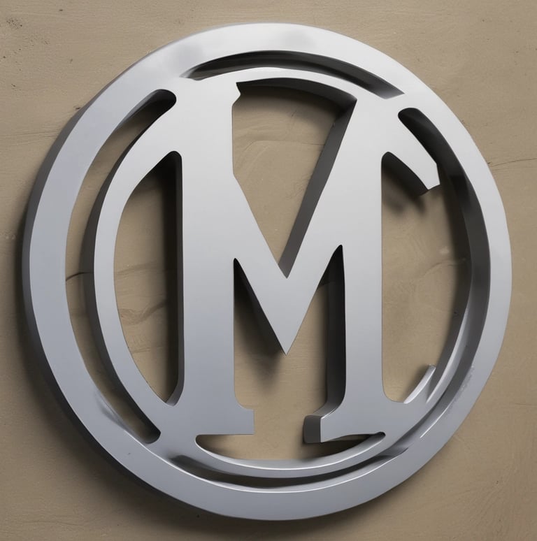 A metal sign with the letters oriented vertically against a clear blue sky. The letters appear to be arranged in an industrial style, attached to tall poles, suggesting a retro or vintage aesthetic.