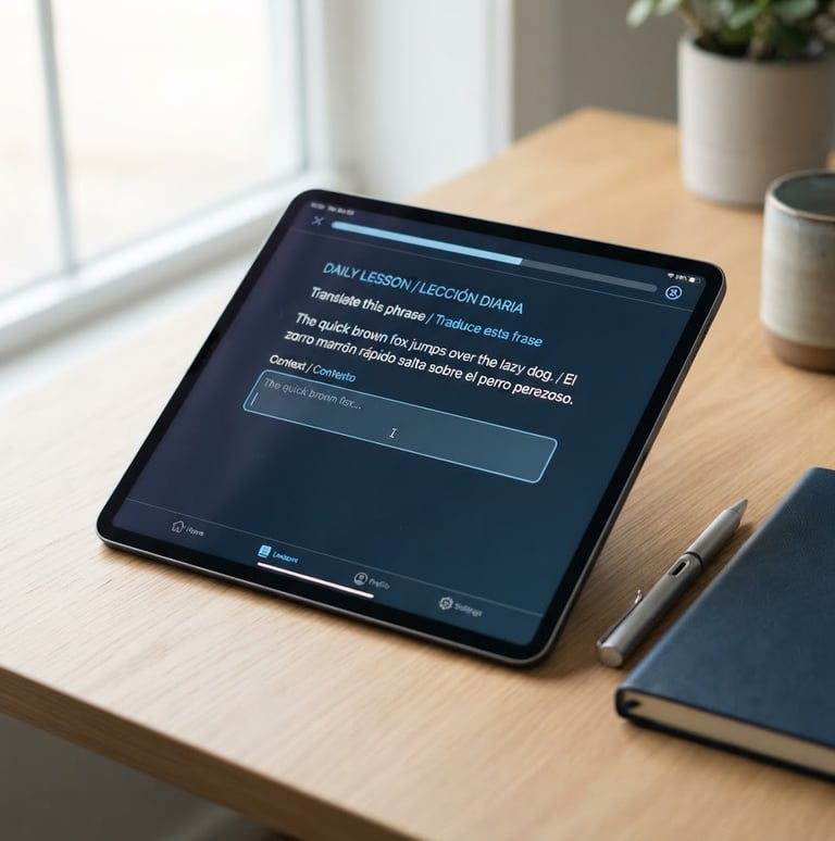 Bilingual text interface on a modern tablet screen, clean editorial photography, soft natural daylight, cool blue and neutral tones, minimalist composition