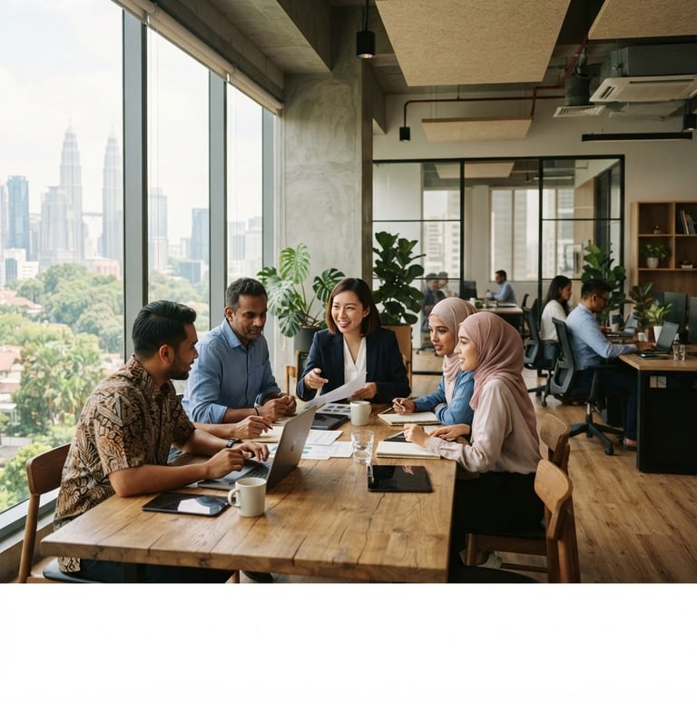 Wide panoramic of a modern, warm-lit Malaysian corporate office, diverse professionals collaborating at a large table, soft natural window light, shallow depth of field, editorial 35mm, subject off-center to the left