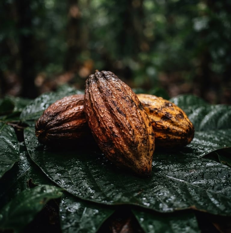 Close-up of raw cocoa pods on a dark, wet leaf, glistening with moisture, soft misty natural light, deep forest green and rich bronze tones, shallow depth of field, 35mm, portrait aspect