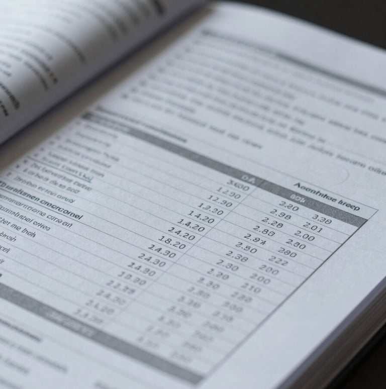Extreme close-up of open financial documents and printed audited statements on a dark desk, cool studio light raking across the pages, selective focus on numerical rows, no legible sensitive data visible, charcoal and white tones