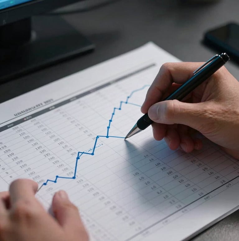 Extreme close-up overhead of hands annotating a printed data dashboard on a dark desk, a fine-tip pen marking a trend line, cool studio strobe light casting sharp shadows across columns of figures, single monitor glowing blue in the background edge