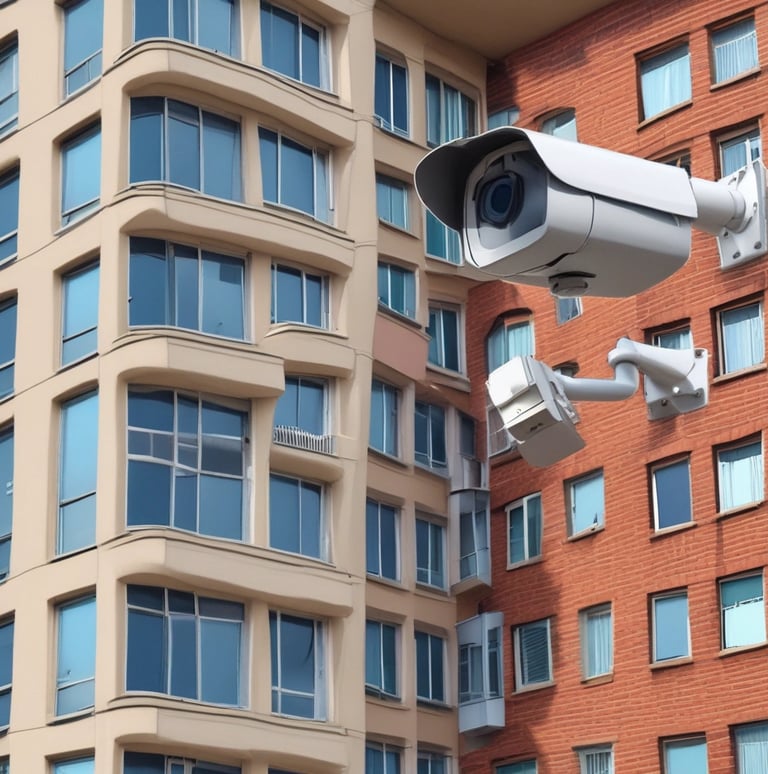 Modern security camera mounted on a building exterior at sunset