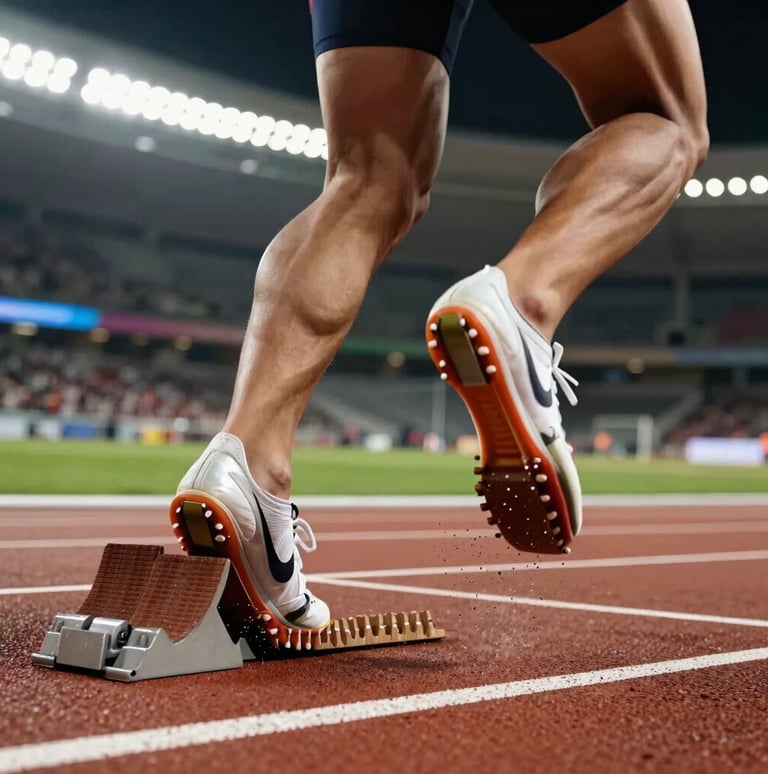 Extreme close-up of a sprinter's feet exploding from starting blocks, track dust kicked up in mid-air, harsh stadium lighting, high contrast.