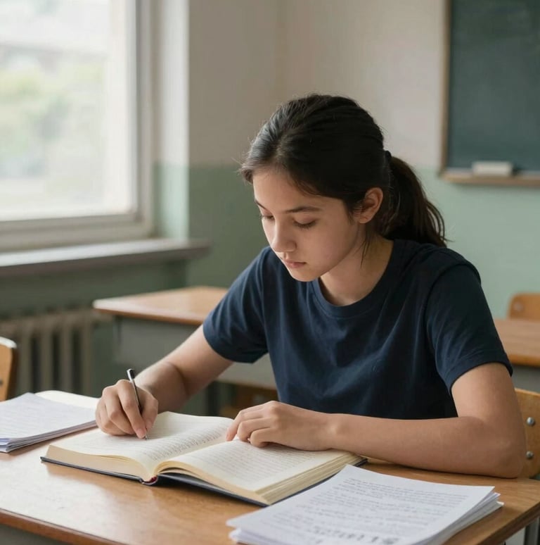 Environmental wide shot of a teenage girl reading intently at a wooden desk in a modest classroom, natural overcast daylight from a side window, books and handwritten notes visible on the desk surface, no eye contact with camera, honest concentration framing