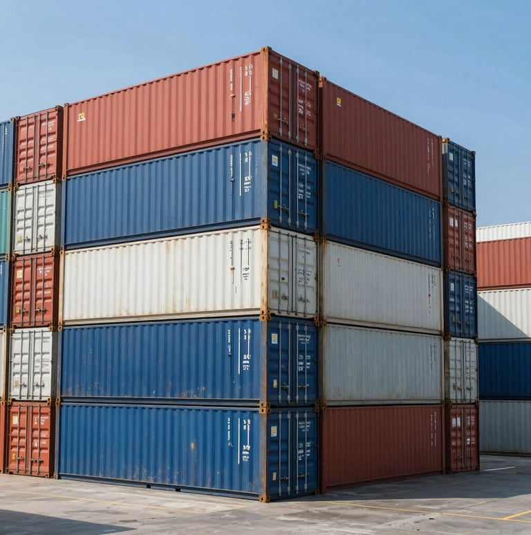 A high-angle, bright daylight shot of cargo containers stacked at a modern shipping terminal, crisp blue sky, clean composition.