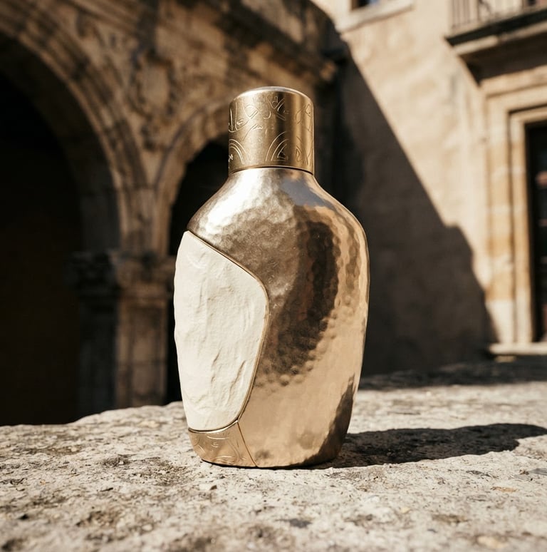 Sculptural Larfoz sunscreen bottle, low-angle heroic shot, reflecting sharp direct sunlight, deep architectural shadows, warm champagne gold accents, high contrast, 85mm
