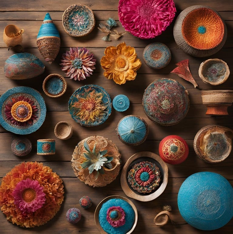 objets artisanaux nature sur une table en bois brut