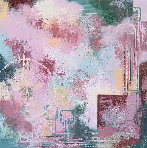 Textured abstract in pinks, greens, and buttery yellow