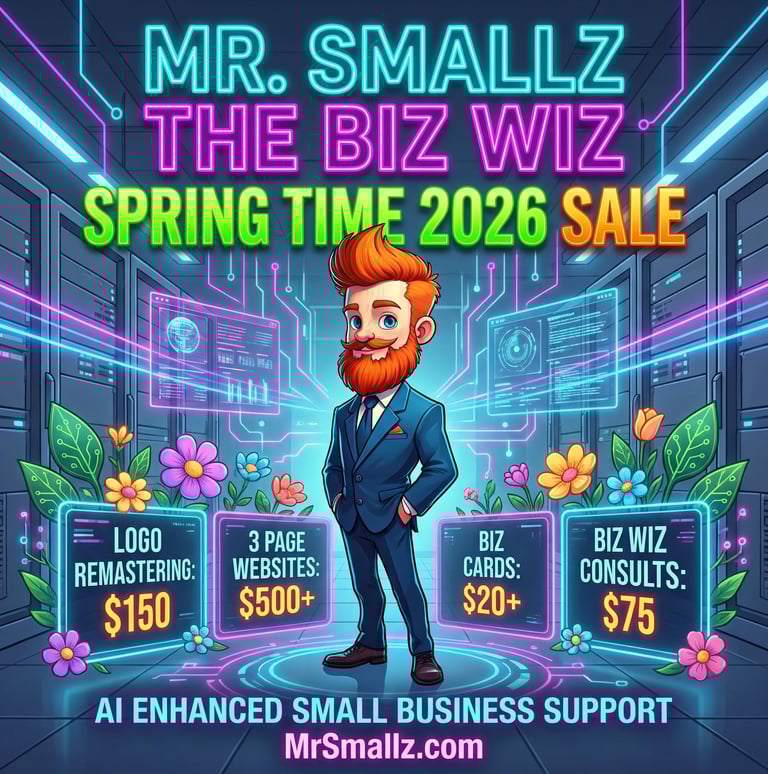 Mr. Smallz The Biz Wiz Spring Time 2026 Sale graphic featuring AI small business support services and pricing.