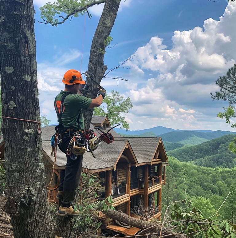 Arborist in protective gear working on a tree