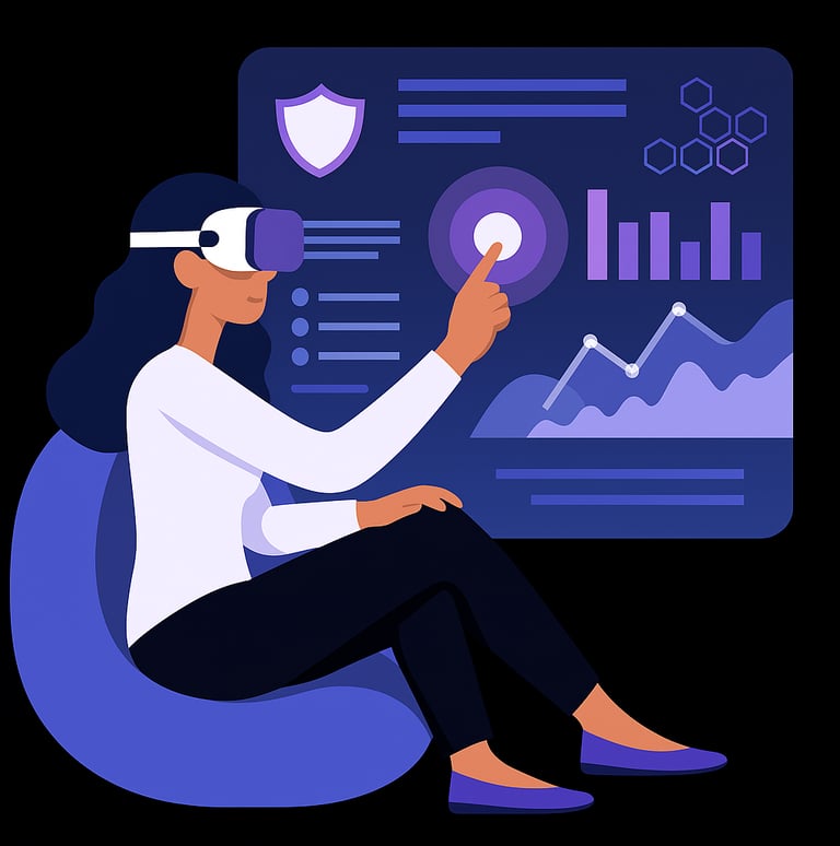 Person using VR headset to interact with holographic data interface.