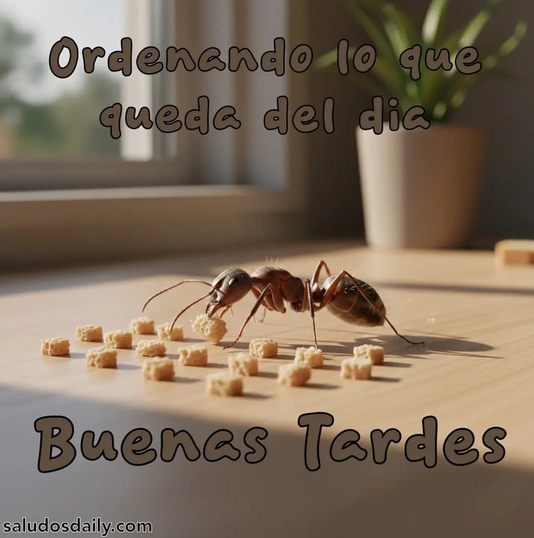 Hormiga semi realista acomodando pequeñas migajas en fila sobre una superficie, como si organizara 