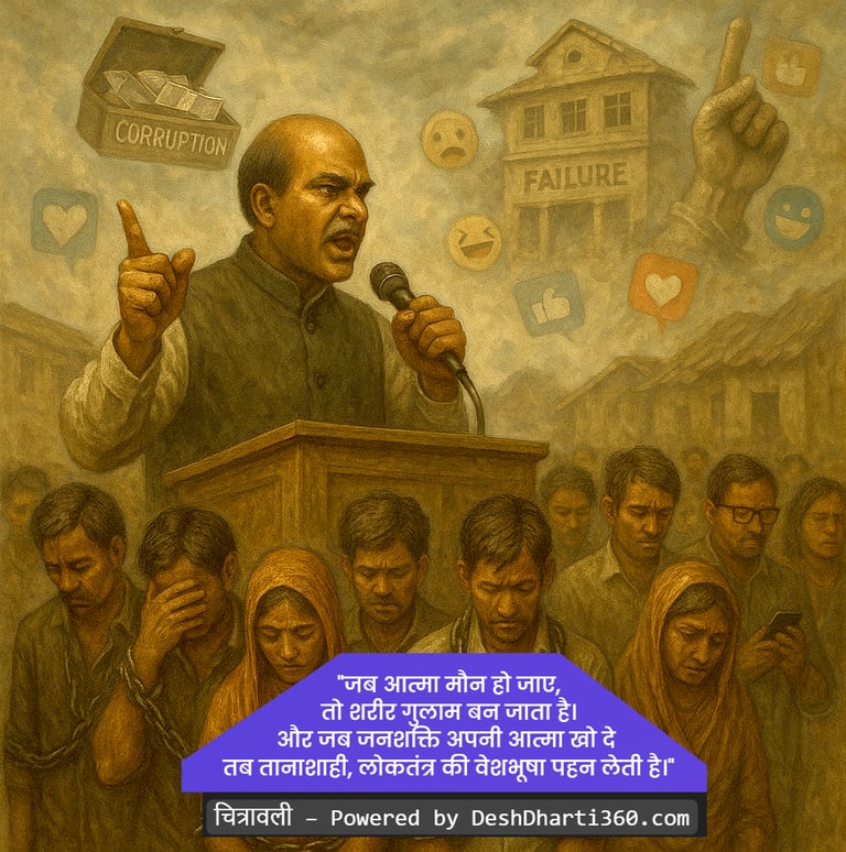 "जब आत्मा मौन हो जाए, तो शरीर गुलाम बन जाता है। और जब जनशक्ति अपनी आत्मा खो दे तब तानाशाही, लोकतंत्