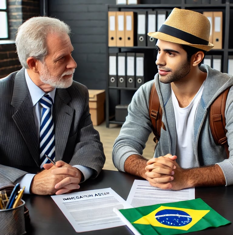 Consulta com advogado de imigração sobre opções de visto nos Estados Unidos, com documentos visíveis