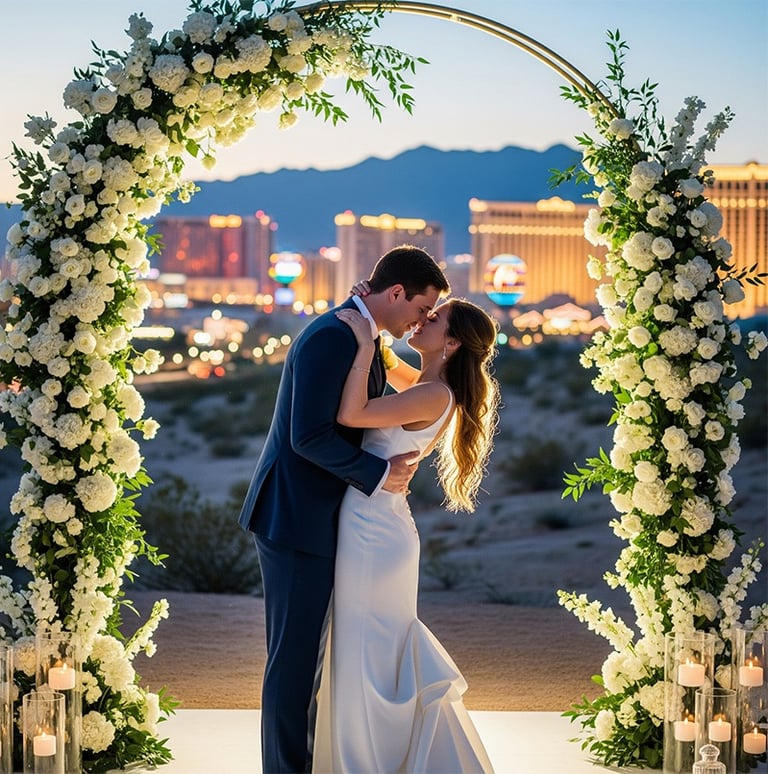 a bride and groom kissing in front of a wedding arch