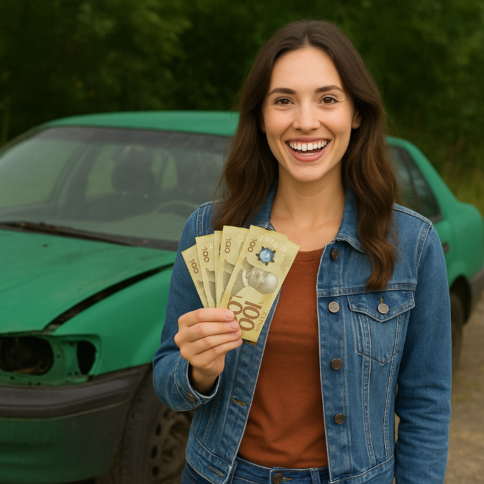 A woman holding a bunch of Canadian money in front of a junk car.