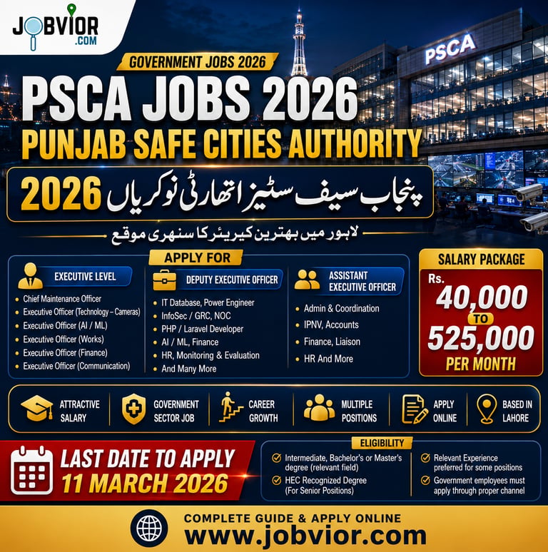PSCA Lahore Jobs 2026 announcement banner with Executive Officer and Technical positions