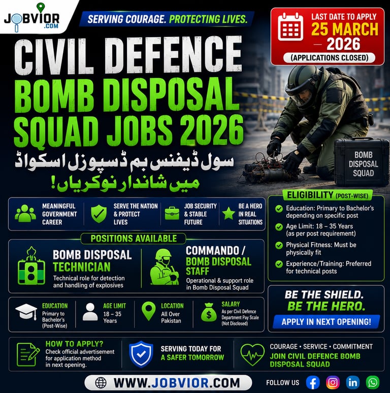 Civil Defence Bomb Disposal Squad Jobs 2026 – Technician, Commando vacancies