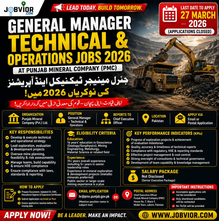 GM Technical & Operations Jobs 2026 – Punjab Mineral Company vacancy