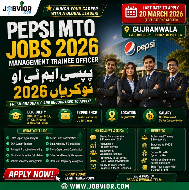 Pepsi MTO Jobs 2026 – Management Trainee Officer vacancy Gujranwala