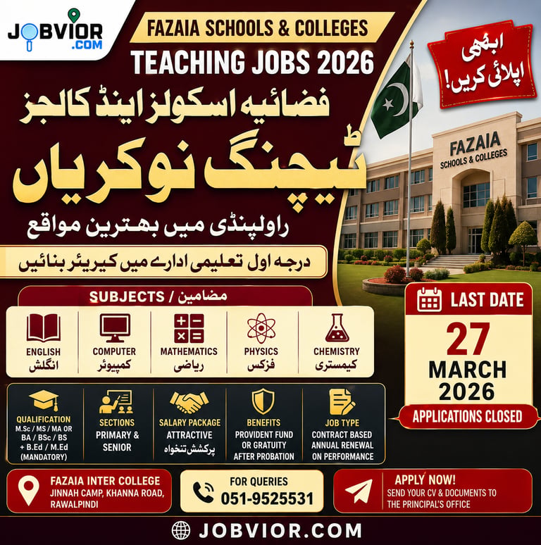 Fazaia Schools and Colleges Teaching Jobs 2026 – Rawalpindi vacancy