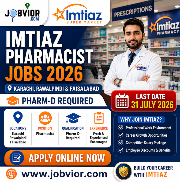 Imtiaz Pharmacist Jobs 2026 Karachi Rawalpindi Faisalabad hiring poster