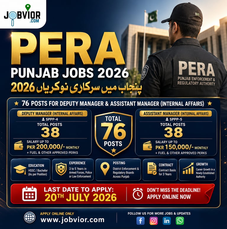 PERA Punjab Jobs 2026 banner showing 76 government vacancies with salaries, deadline and Jobvior HQ.