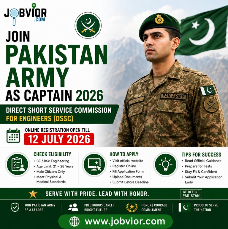 Join Pakistan Army as Captain 2026 (DSSC) for Engineers – Apply online before 12 July 2026.