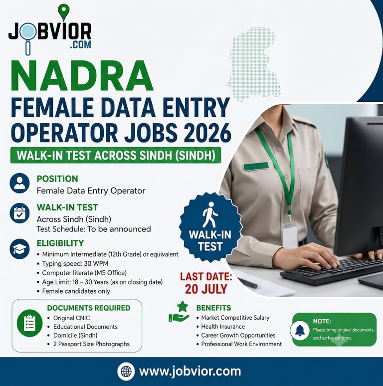 "NADRA walk-in test notice for Female Junior Executive Data Entry Operator jobs 2026 across Sindh 