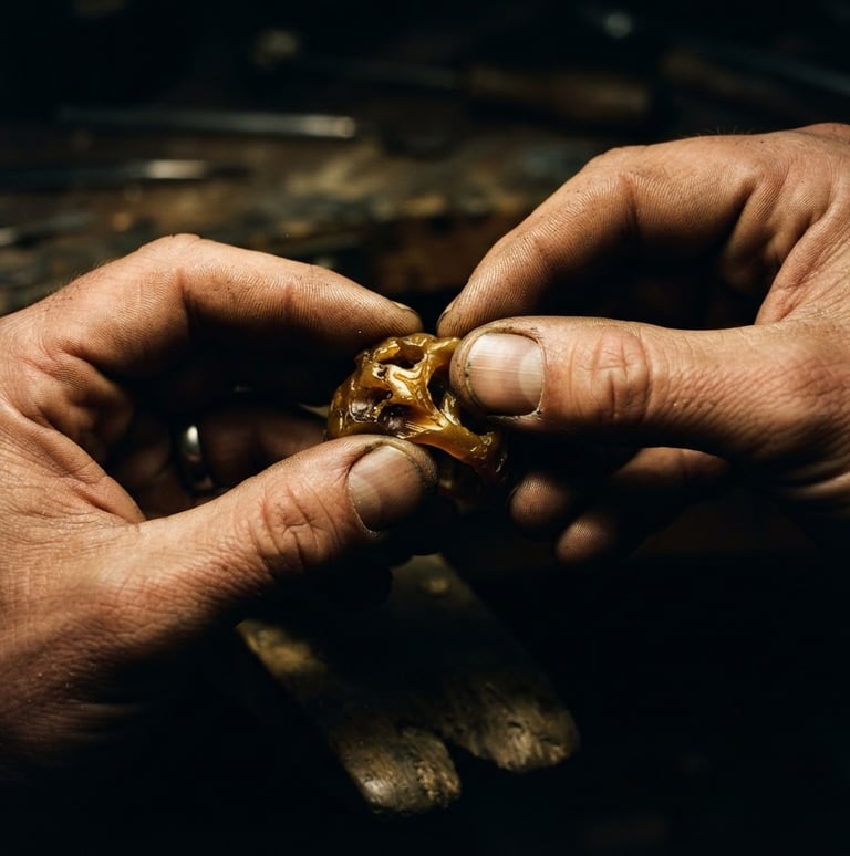 Extreme close-up, high-contrast editorial photography, dramatic side-lighting, deep shadows, rich gold tones, tactile skin texture, 35mm, designer's hands shaping heavy molten wax models, detailed texture of wax and hands.