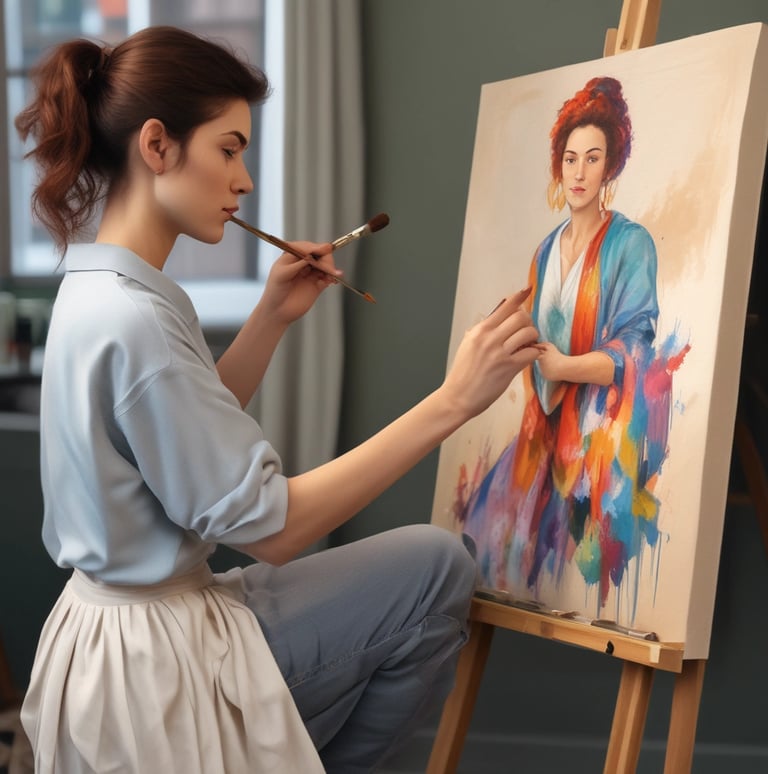Female artist painting a vibrant oil portrait of a woman on a wooden easel in a bright studio.