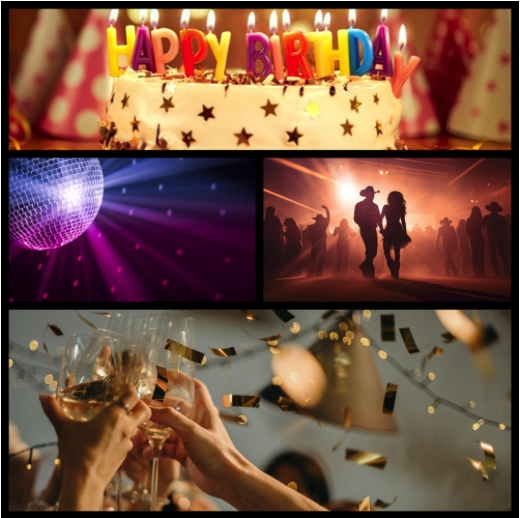 Birthday party, Disco theme, Country theme, New Year's Eve Party, Special Occasions