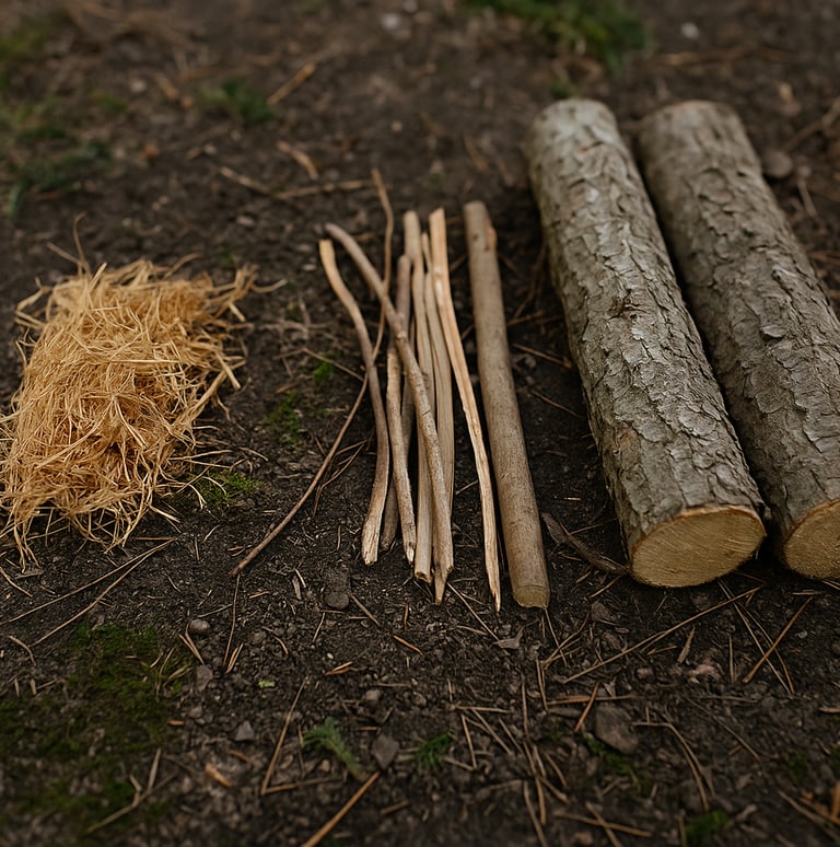 Pile of dry tinder sticks and logs arranged for fire building outdoors