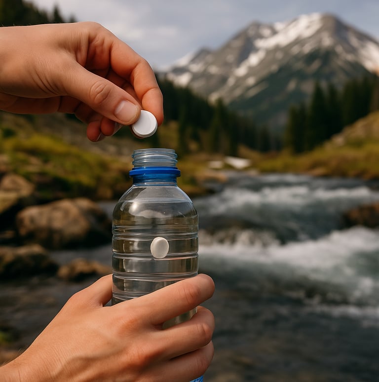 Inserting water purification tablet into bottle near alpine river