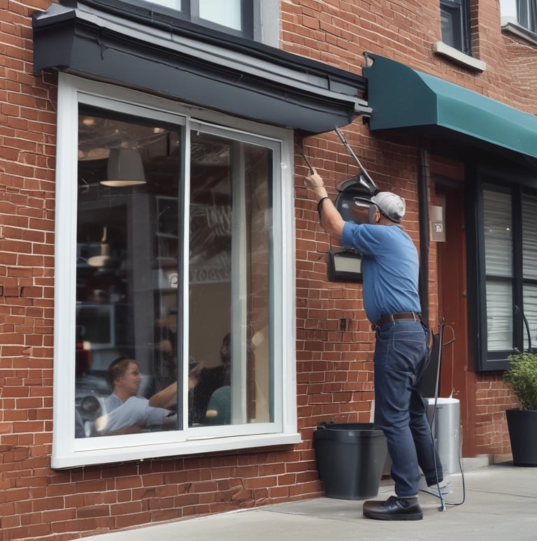 Window of business being cleaned